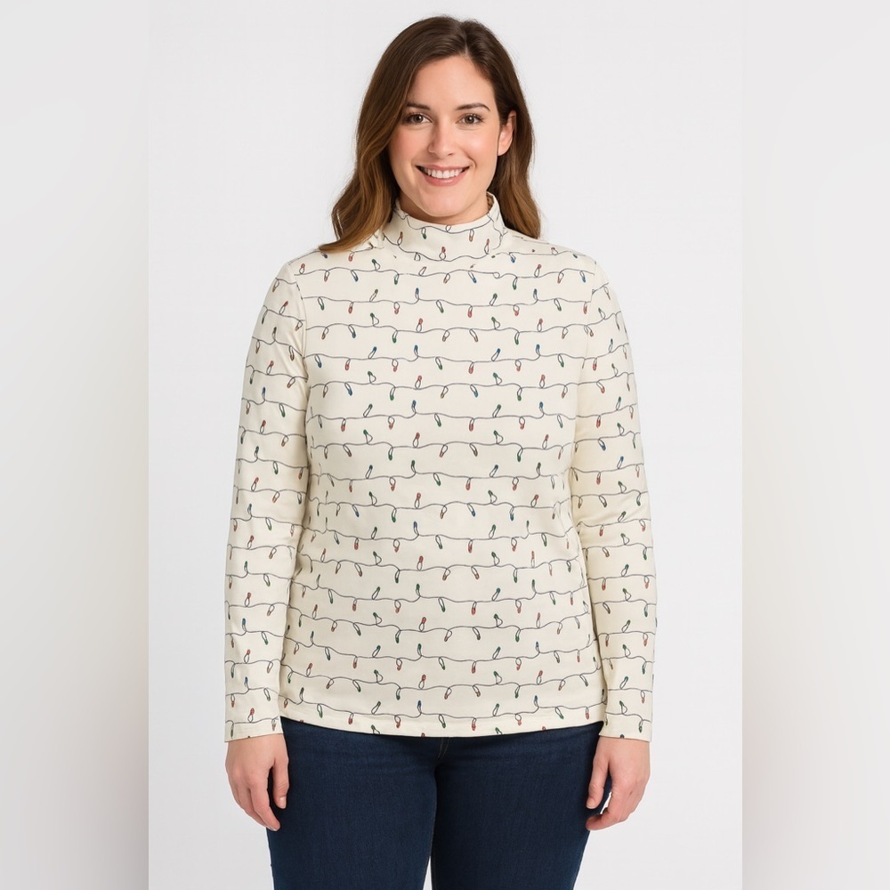 Christmas String Light Print Cotton Turtle Neck 3X like New Holiday Whimsical